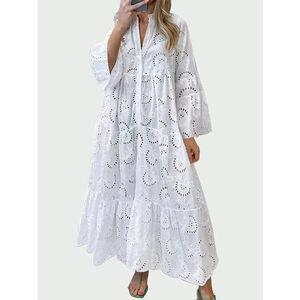 Osadía White Eyelet Maxi Dress 4XL US 20 Long Sleeve Boho Beach Caftan New